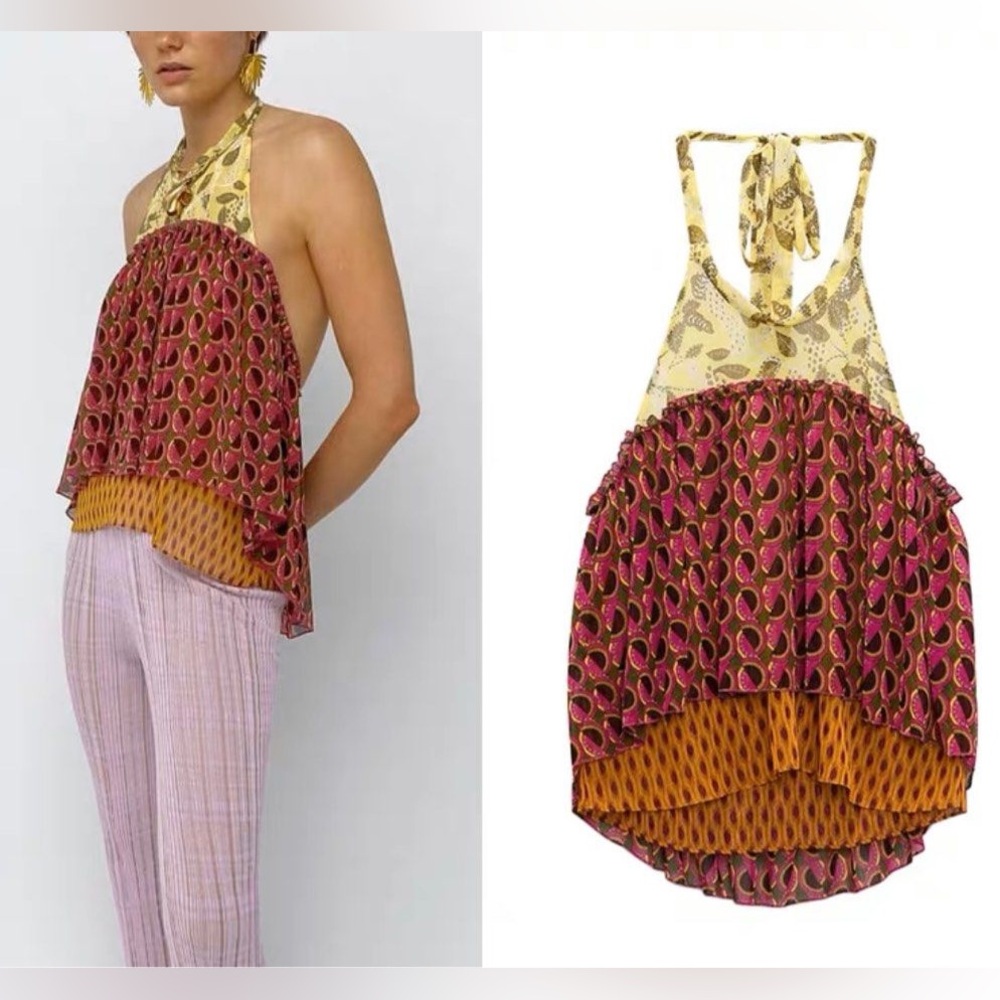 NWT Zara Patchwork Halter Boho Flowy Top XS
